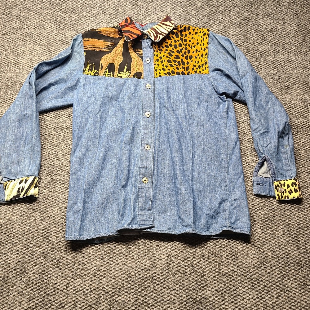 Vintage Design by Julie Shirt Womens Blue Denim Animal Print Western Button Up